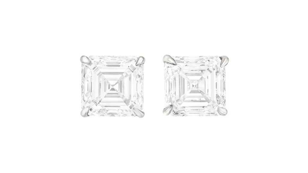 A pair of square emerald-cut diamond stud earrings comprising a 3.52-carat, D, internally flawless and a 3.32-carat, D-flawless stone at Christie's image