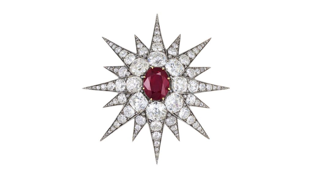 Christie’s is offering this circa 1880 star-shaped brooch, it features an oval-shaped, 10.07-carat Burmese ruby amid old- and rose-cut diamonds at Christie's image