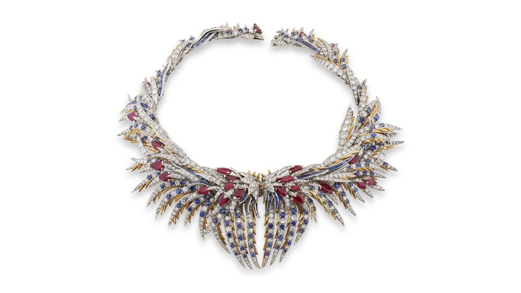 Schlumberger created this necklace in the 1950s. The piece, which includes diamonds, rubies, and sapphires, at Phillips image