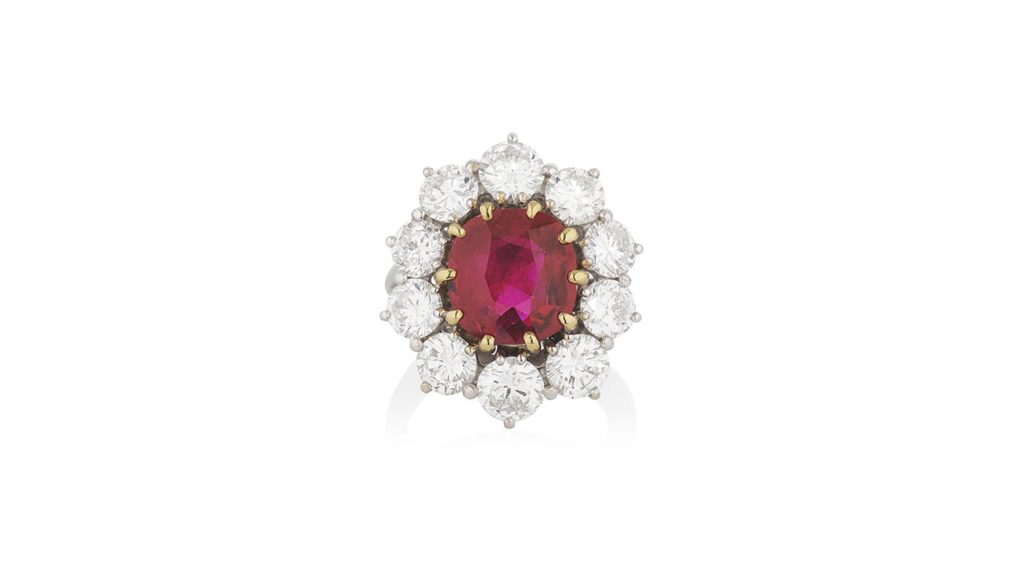 A ring with a 4.95-carat Burmese ruby and diamonds at Phillips image