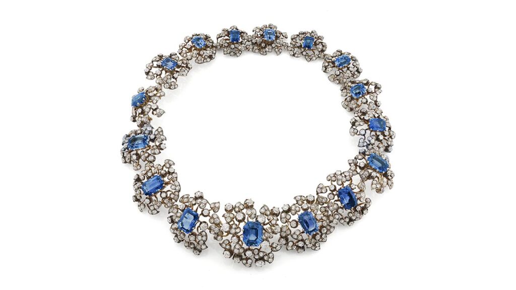 A convertible piece, this lot can be worn as a tiara or a necklace. Created in the second half of the 19th century, it has sapphires and diamonds at Phillips image