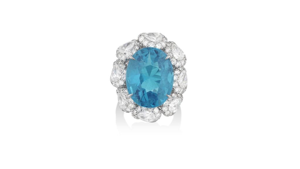 Ring bearing a 20.08-carat Paraiba tourmaline center stone in a diamond surround at Phillips image