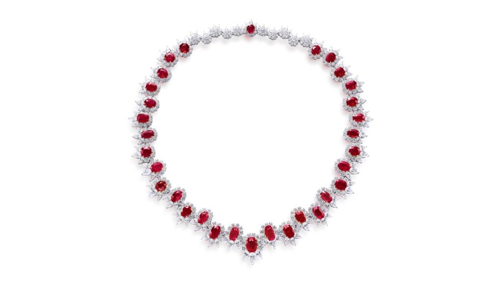 This necklace has 49.18 carats of oval and cushion-shaped, pigeon’s blood Burmese rubies, as well as pear and circular-cut diamonds at Poly Auction image