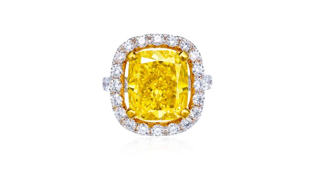 Graff designed this ring, which contains a cushion-shaped, 8.20-carat, fancy-vivid-yellow diamond at Poly Auction image