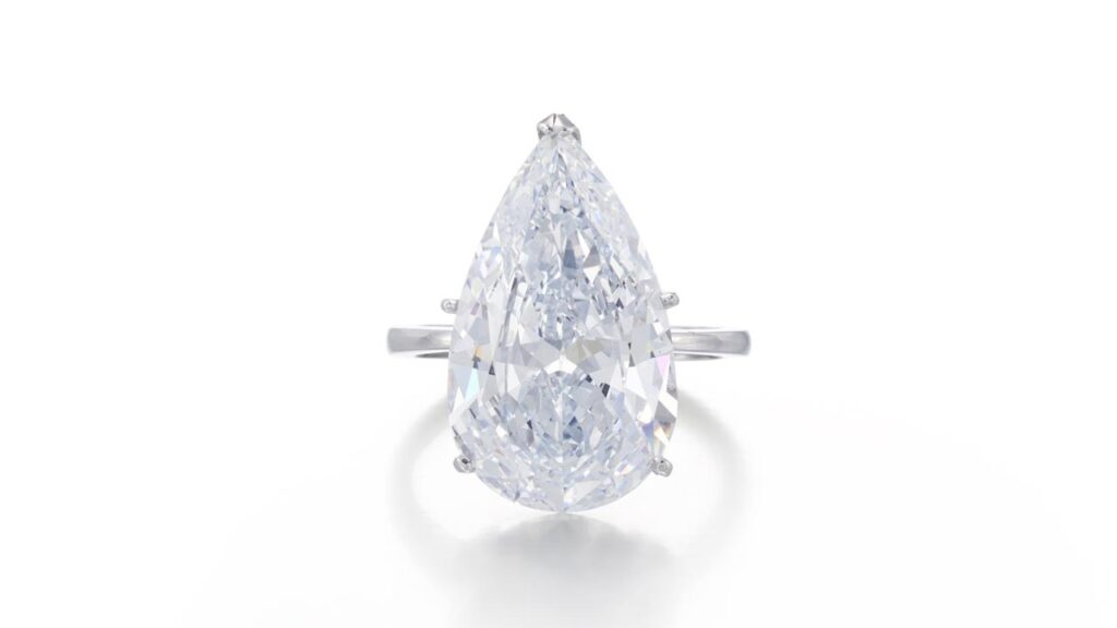 A ring with a pear-shaped, 11.19-carat, light-blue, VS1 diamond at Sotheby's image