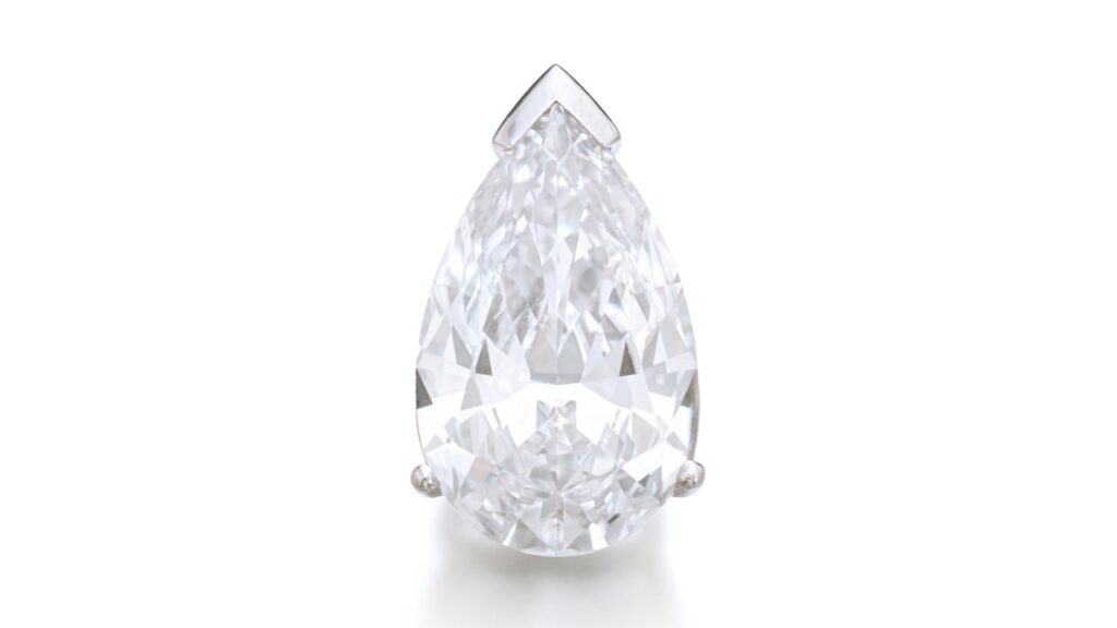 This Schreiner pendant has a pear-shaped, 15.02-carat, D, VVS1 diamond center stone at Sotheby's image