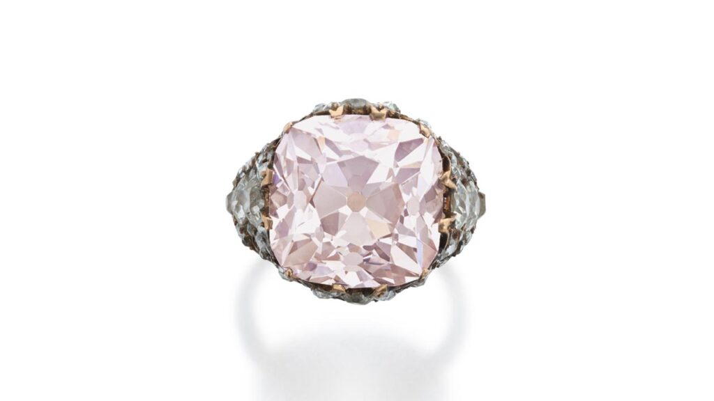 This ring contains an old mine brilliant-cut, 13.86-carat, light-pink, VS2-clarity diamond, and old mine- and rose-cut embellishments at Sotheby's image
