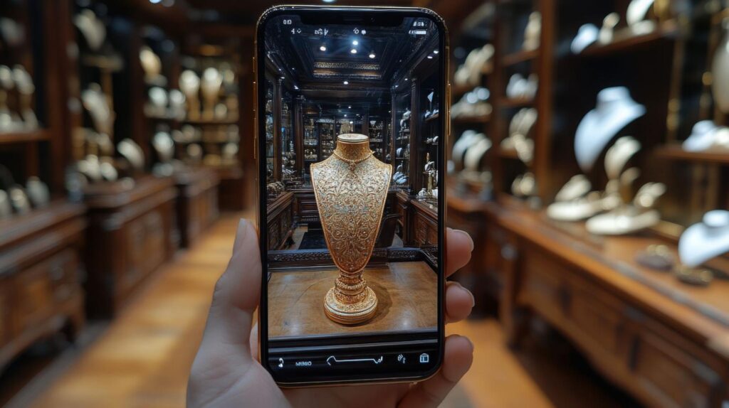 An image of a hand holding up a phone with a picture of jewelry on a manikin on its screen