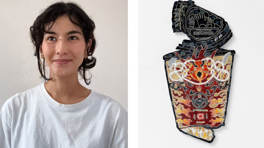 Kara Chin (left) portrait; a 2025 ceramic artwork by Chin, titled The Honking (right) image