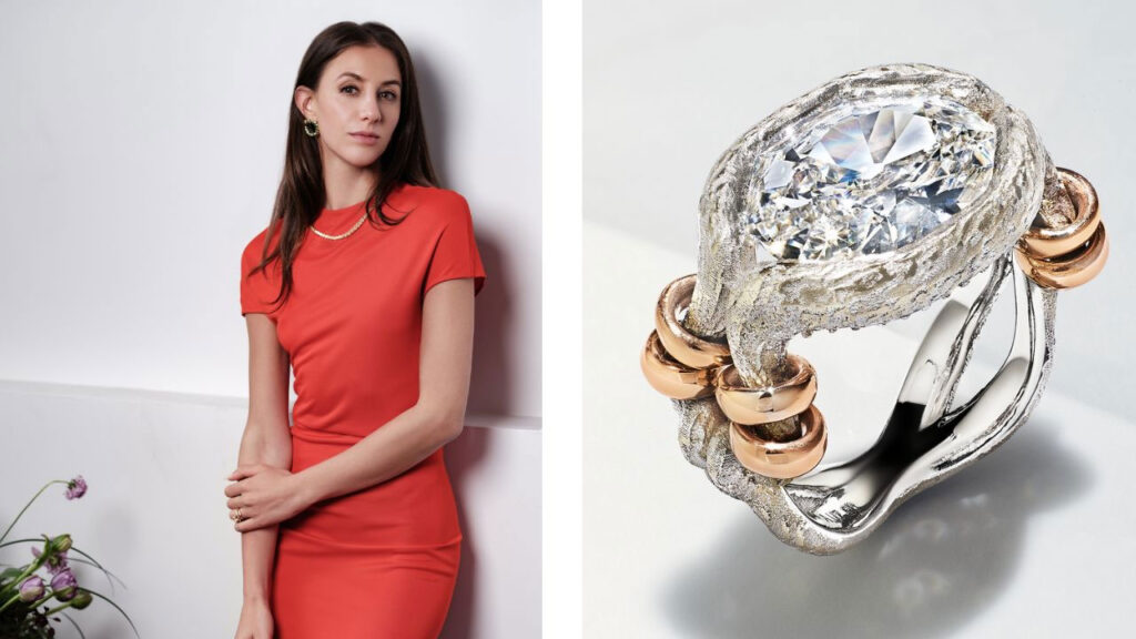 Sarah Narici (left) portrait; Ambrosia Ring II by Dyne, set with a 3.83-carat octagonal-cut diamond (right) image