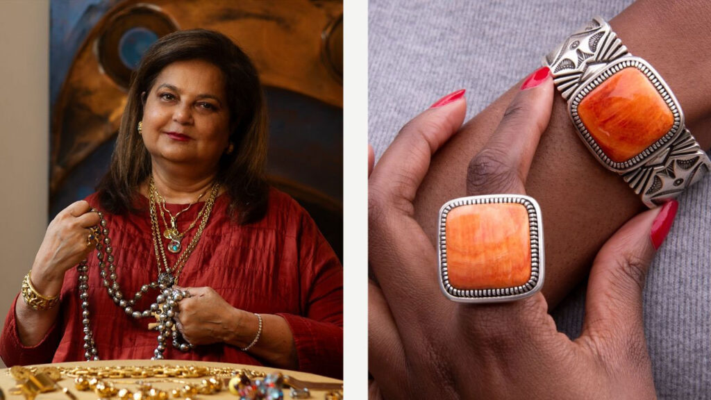 (Left) Mahnaz Collection founder Mahnaz Ispahani Bartos; (Right) A spiny oyster and silver bracelet by Navajo artist Jennifer Curtis images