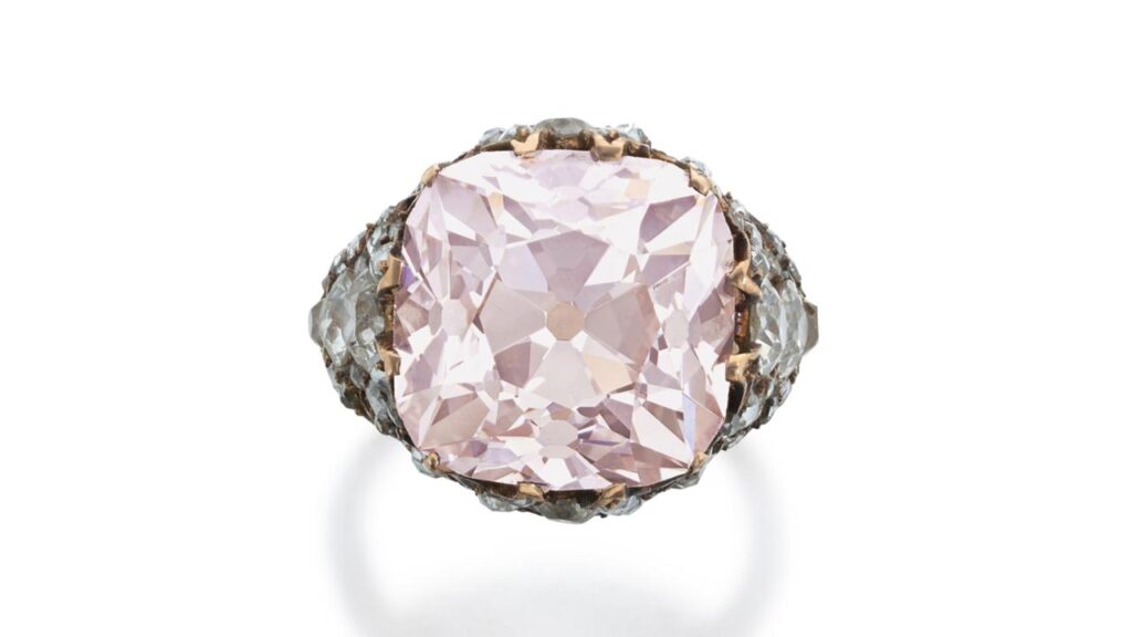 A ring owned by Empress Catherine I of Russia, which Ottoman Princess Neslishah Sultan later received for her wedding, contains a brilliant-cut, 13.86-carat, light-pink, VS2-clarity diamond and old mine- and rose-cut embellishments at Sotheby's image
