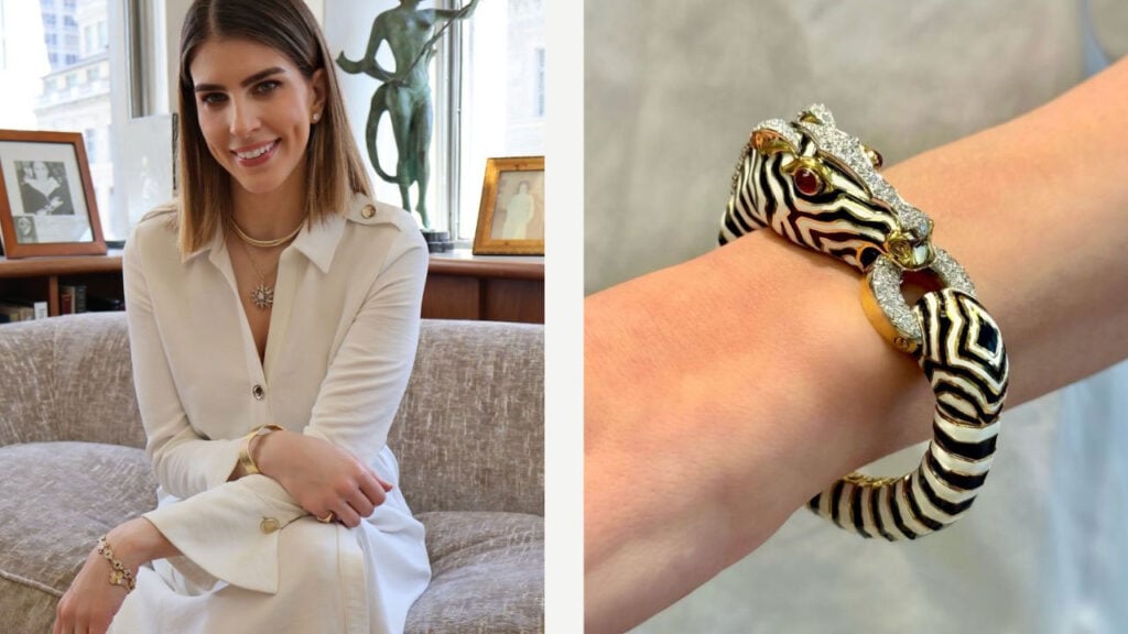 (Left) Lauren DeYoung Jewelry founder Lauren DeYoung; (Right) An 18-karat gold David Webb Zebra cuff with enamel stripes, diamonds, and cabochon rubies images