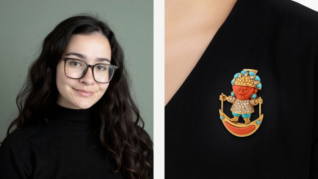 (Left) MS Rau jewelry specialist Zoe Bailey; (Right) A 20th century coral and turquoise Peruvian brooch by Donald Claflin for Tiffany & Co. images