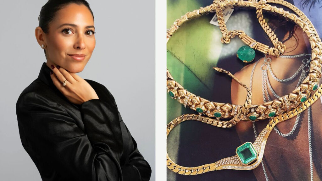 Windsor Jewelers vice president of sales Allison Richman (left); a selection of bold gold jewelry set with diamonds and emeralds (right) images
