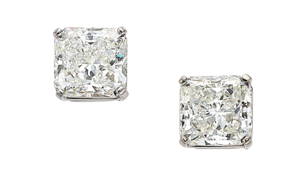 This pair of earrings contains square-cut diamonds, one a 5.39-carat, I, VS2 and the other a 5.41-carat, H, VVS2 stone at Heritage Auctions image