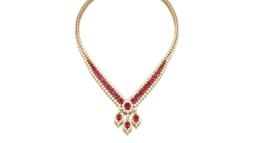 This Van Cleef & Arpels Gazelle necklace comprises a series of graduated oval rubies between brilliant-cut diamonds, centering an oval, 5.20-carat Burmese ruby within brilliant-cut diamonds. It also suspends three detachable pendants containing oval Burmese rubies weighing 3.56, 3.39 and 2.79 carats at Sotheby's image