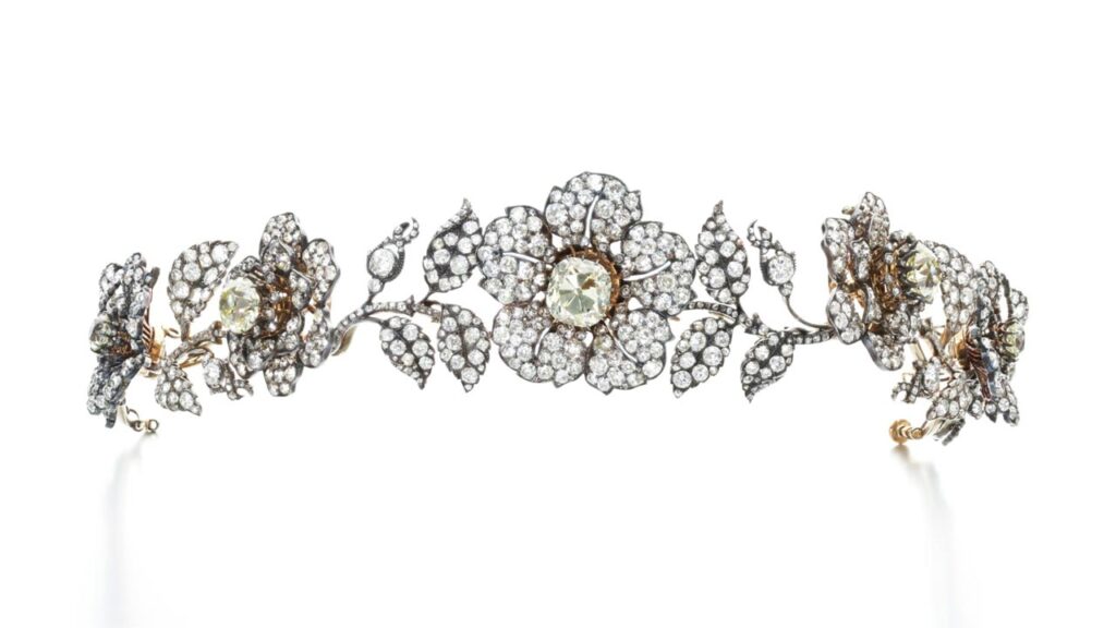 Created around 1840, this tiara with old mine- and rose-cut diamonds comes from Henrietta Scott, duchess of Portland. It’s designed as a garland of wild roses and can be transformed into five brooches and two pairs of ear clips at Sotheby's image