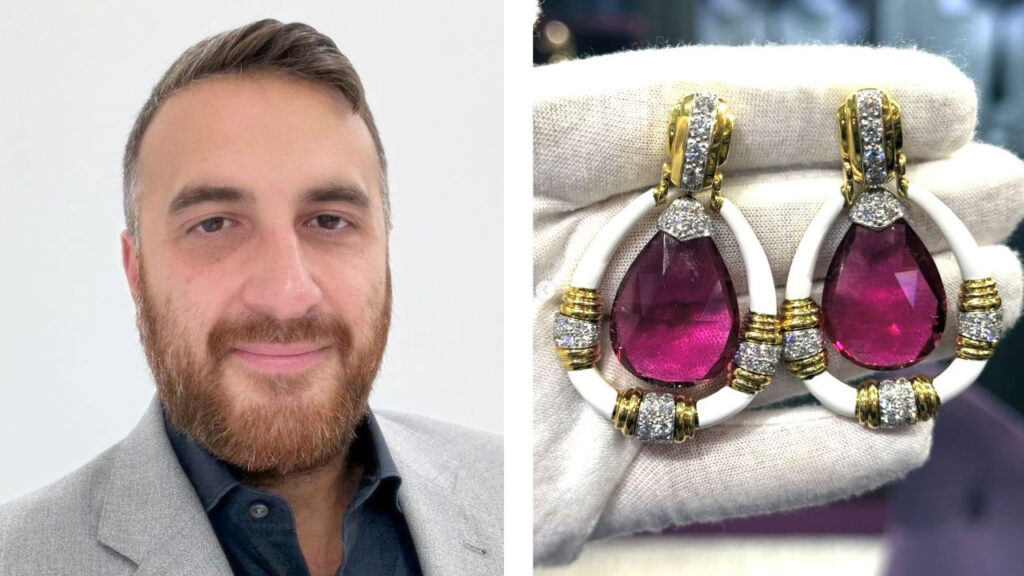 Joseph Saidian and Sons owner Ariel Saidian (left); A pair of gold earrings with rubellites, diamonds and white enamel, by David Webb (right) images