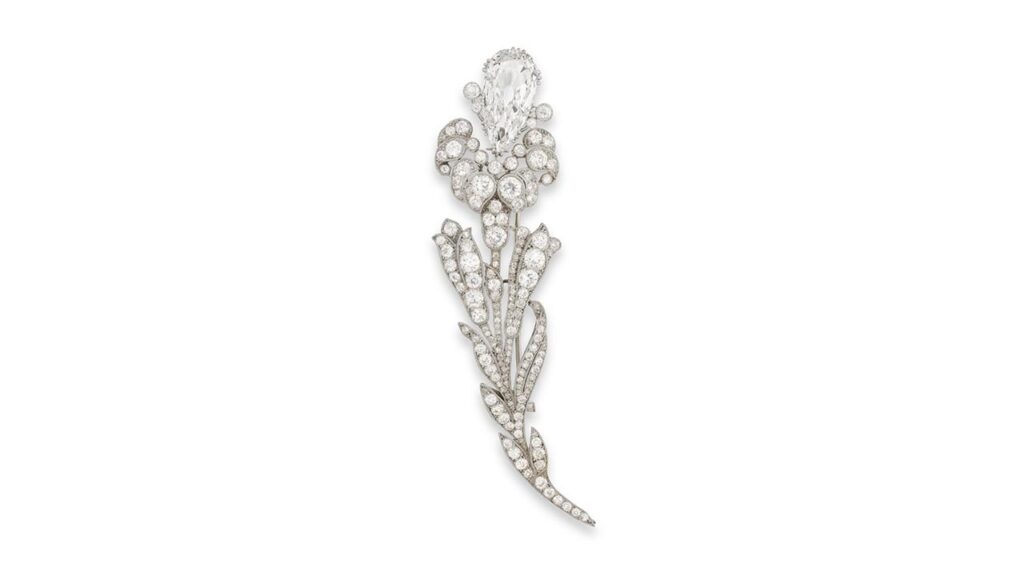 A Cartier brooch, another piece from the Vanderbilt collection. It’s designed as a lily spray, with a pear-shaped, 4.55-carat diamond as well as circular- and rose-cut diamonds at Phillips image
