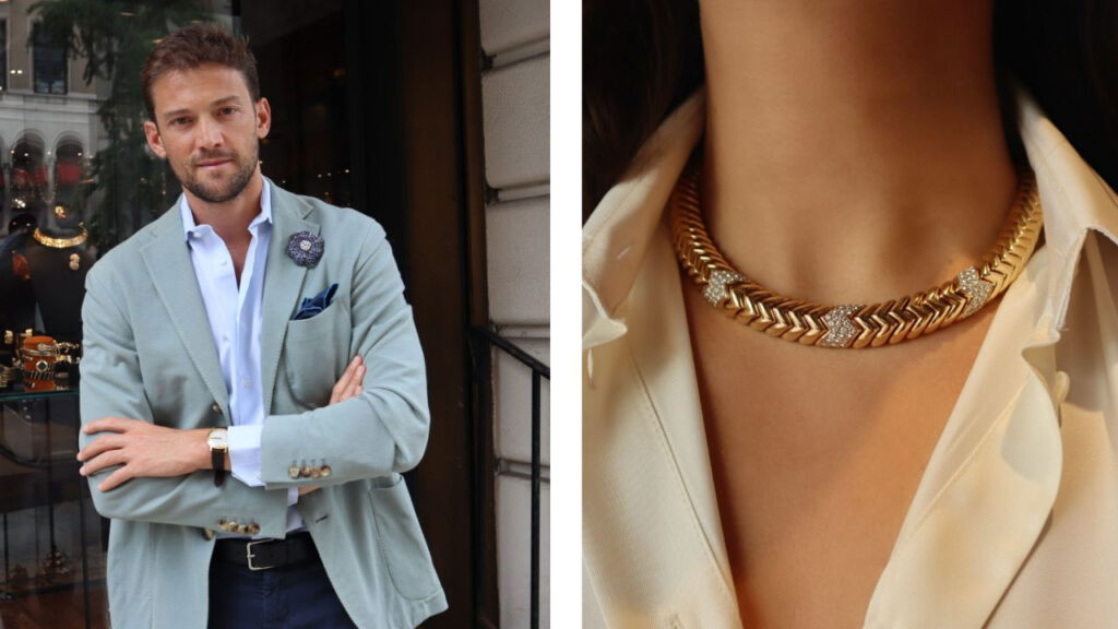 Eleuteri owner Wagner Eleuteri (left); 18-karat gold and diamond Bulgari Spiga necklace, circa 1980 (right) images