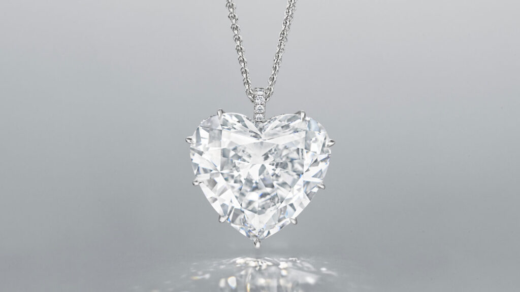 A necklace sporting a heart brilliant-cut, 30.87-carat, D, VVS1, type IIa diamond, which can be detached and worn as a ring at Christie's image