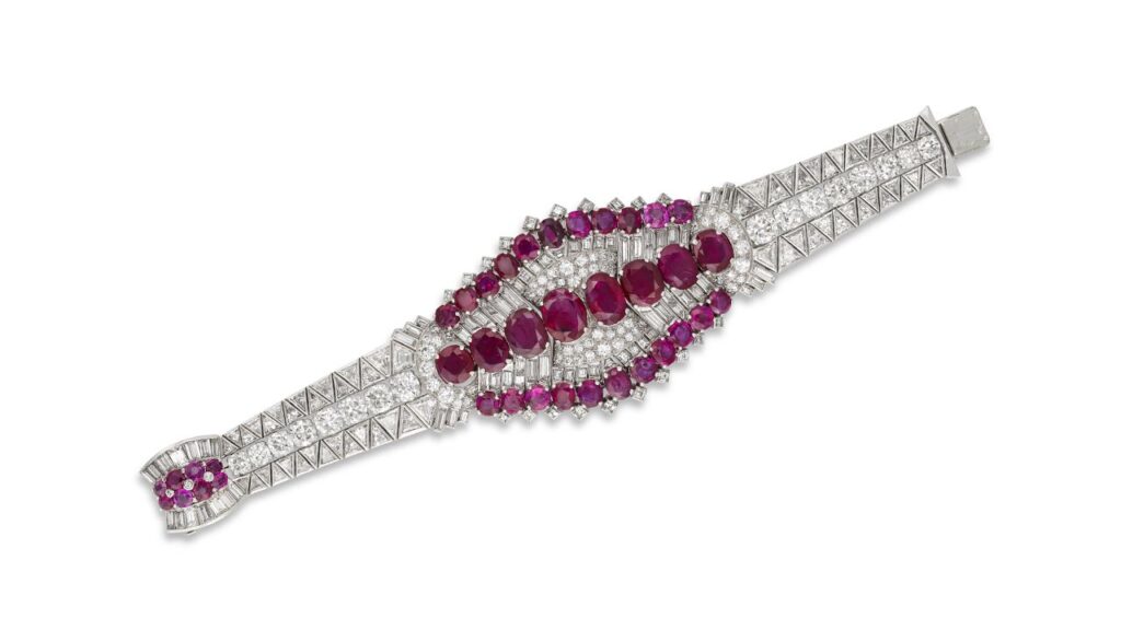 This bracelet comprises 40 oval and round Burmese and Thai rubies with an approximate weight of 30 to 35 carats, as well as 25 to 27 carats of diamonds at Christie's image