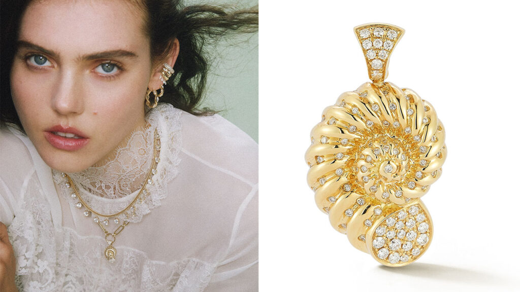 Images of a model wearing a selection of Renna jewels and a Nautilus pendant