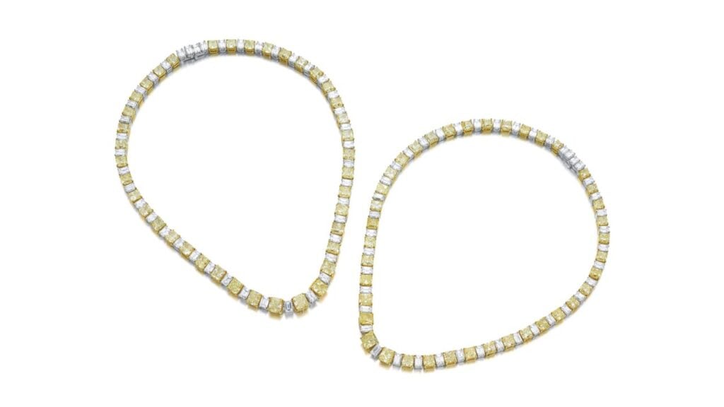These two Schreiner necklaces are both designed as a graduated row of diamonds. These include cut-cornered, round-cornered square and rectangular modified brilliant-cut fancy-yellow diamonds and diamonds with a yellow tint, alternating with step-cut diamonds. The largest fancy-yellow stone weighs 1.02 carats and is of SI1-clarity at Sotheby's image