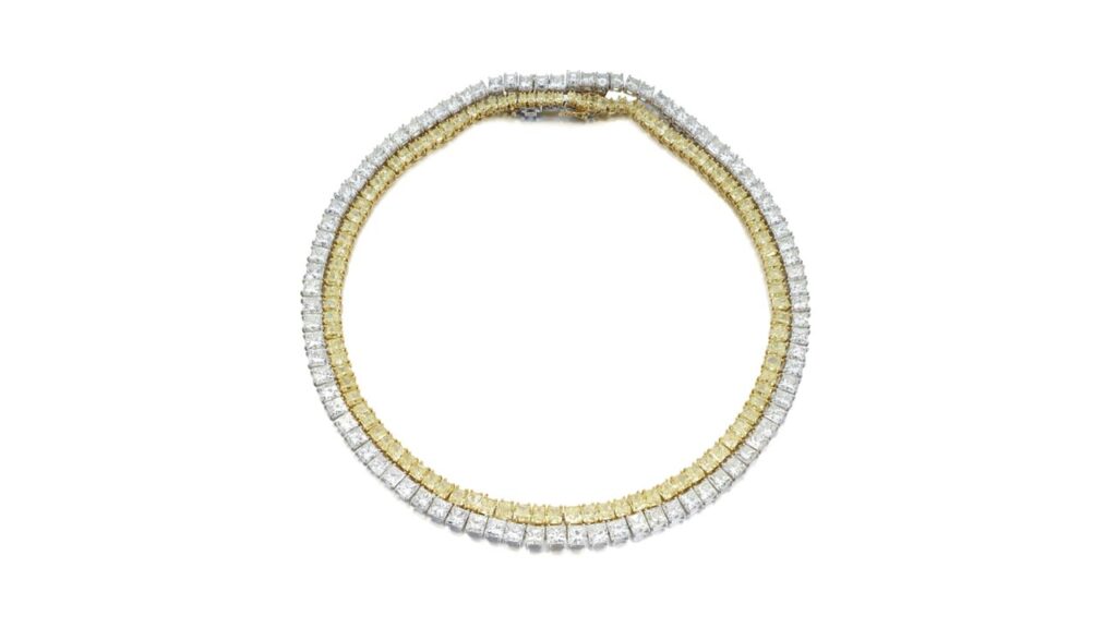 A Schreiner necklace carries a double row of princess-cut diamonds. One has a total of 68.92 carats, with the other comprising 41.03 carats of diamonds of yellow tint at Sotheby's image