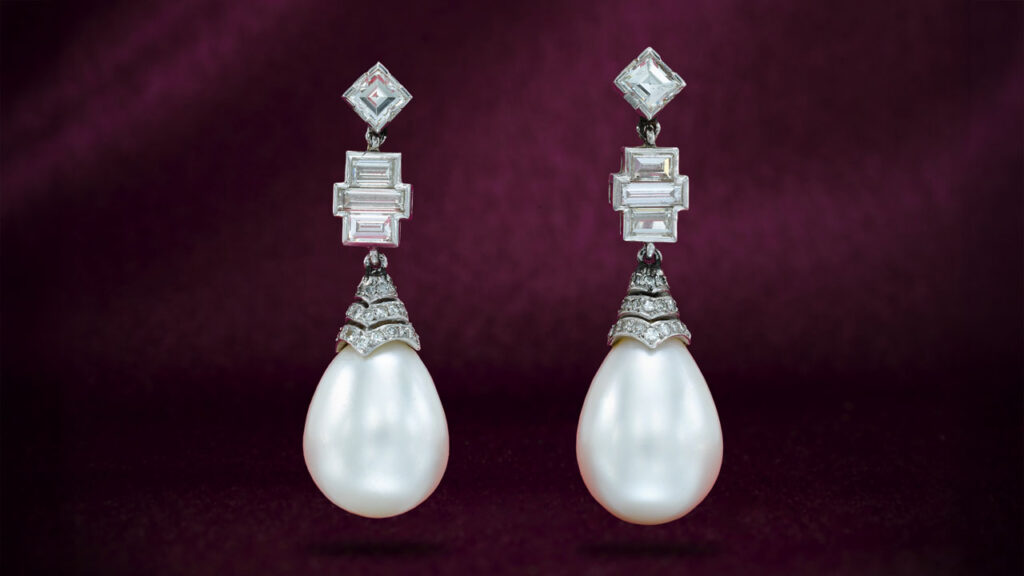 The natural-pearl and diamond earrings at Sotheby's image