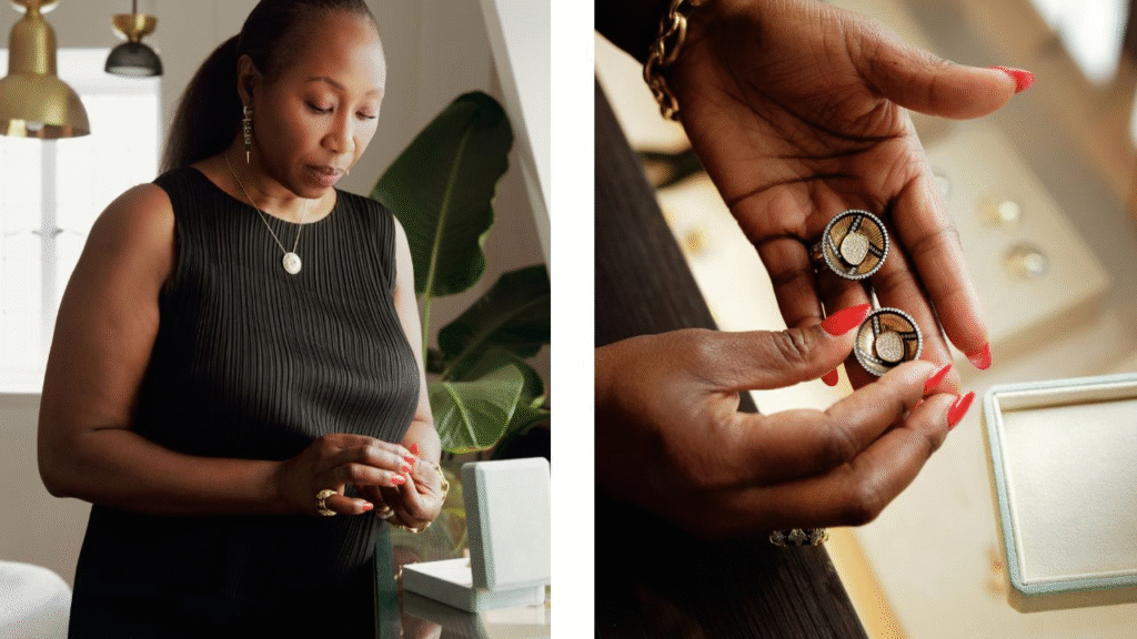 Satta Matturi shows a pair of diamond-set earrings from Matturi’s collection image