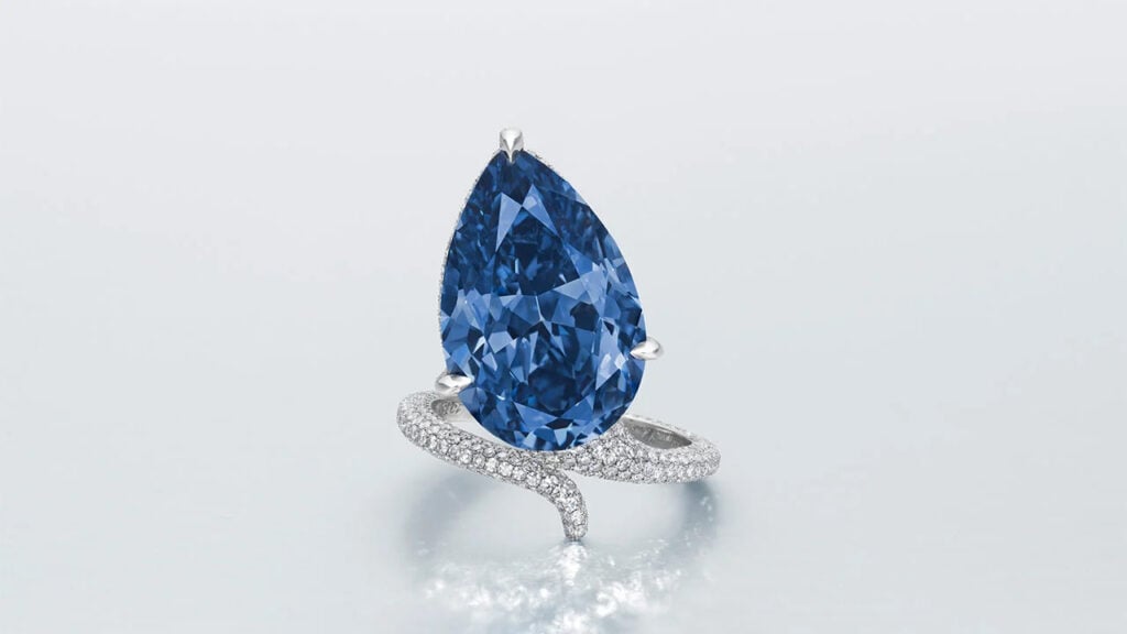 The Mellon Blue, a modified pear brilliant-cut, 9.51-carat, fancy-vivid-blue, VVS1-clarity diamond ring at Christie's image