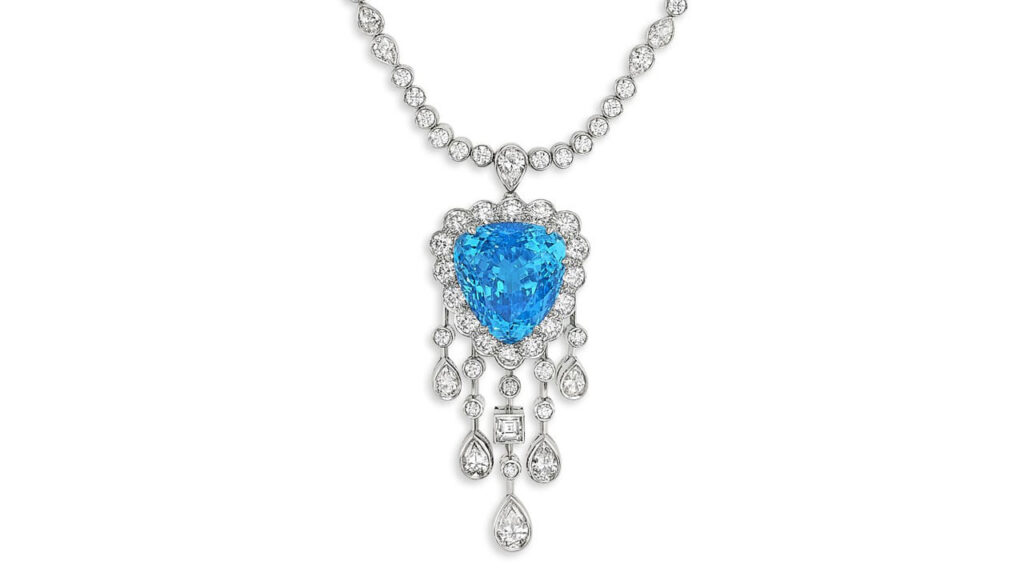 A Tiffany & Co. necklace set a world auction record for a Paraiba tourmaline at Christie’s New York. Sporting a triangular modified brilliant-cut, 13.54-carat Paraiba and dripping with round, pear and square-shaped diamonds at Christie's image