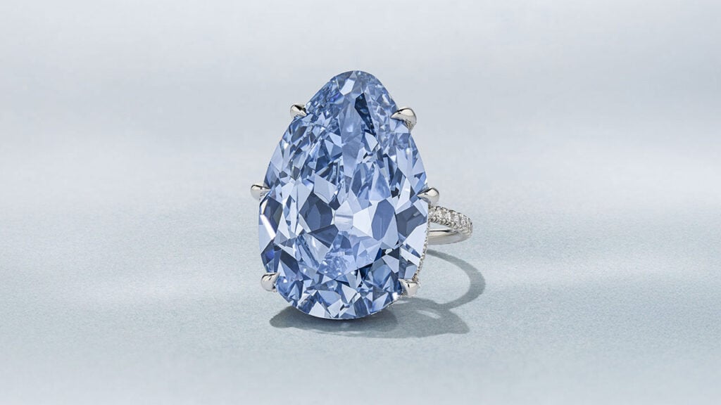 The Golconda Blue diamond ring from JAR features a pear-shaped, 23.34-carat, fancy-vivid-blue diamond. The owner withdrew it from sale, instead selling it to a family member, according to Christie’s image