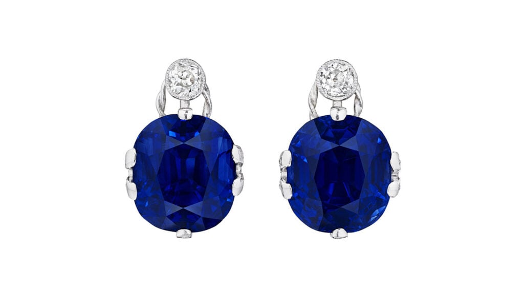 These antique earrings from circa 1910 showcase two cushion mixed-cut Kashmir sapphires of 11.92 and 12.61 carats suspended from old-cut diamonds at Christie's image
