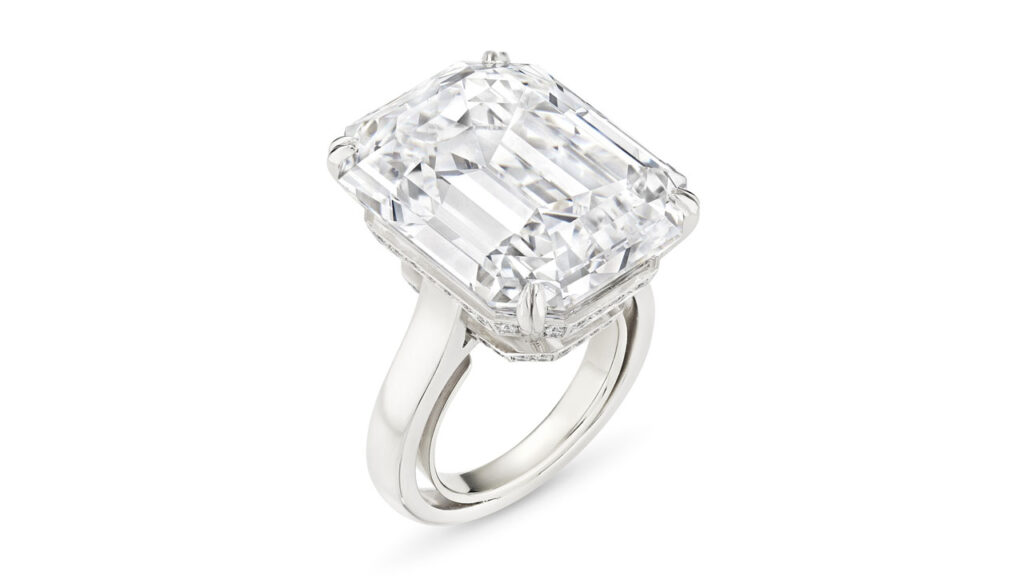 This ring features an emerald-cut, 27.19-carat, D-color, VS1-clarity, type IIa diamond at Christie's image