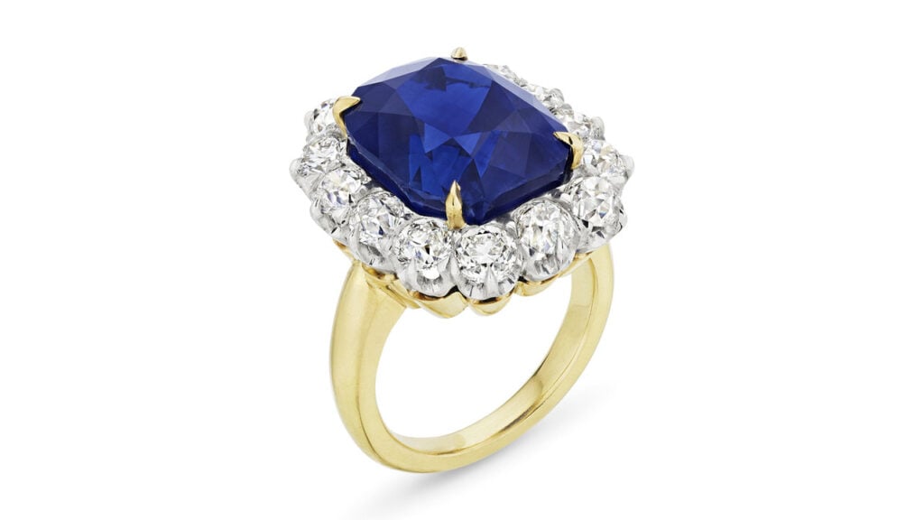 A cushion mixed-cut, 16.23-carat Kashmir sapphire is the star of this ring, with a surround of old-cut diamonds at Christie's image