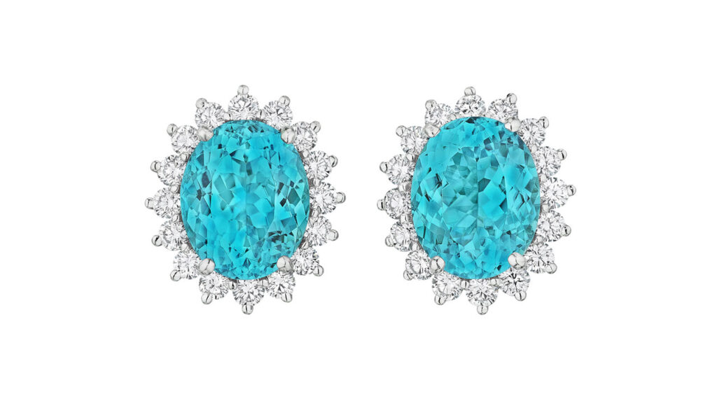 These Tiffany & Co. earrings were another surprising triumph for Paraiba tourmaline. The two oval modified brilliant-cut gems in round-diamond frames weigh 3.19 and 3.45 carats respectively at Christie's image