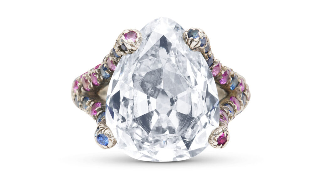 This ring bears a pear-shaped modified brilliant-cut, 8.01-carat, I-color, SI1-clarity, type Ia diamond, with rubies and sapphires along the band Christie's image