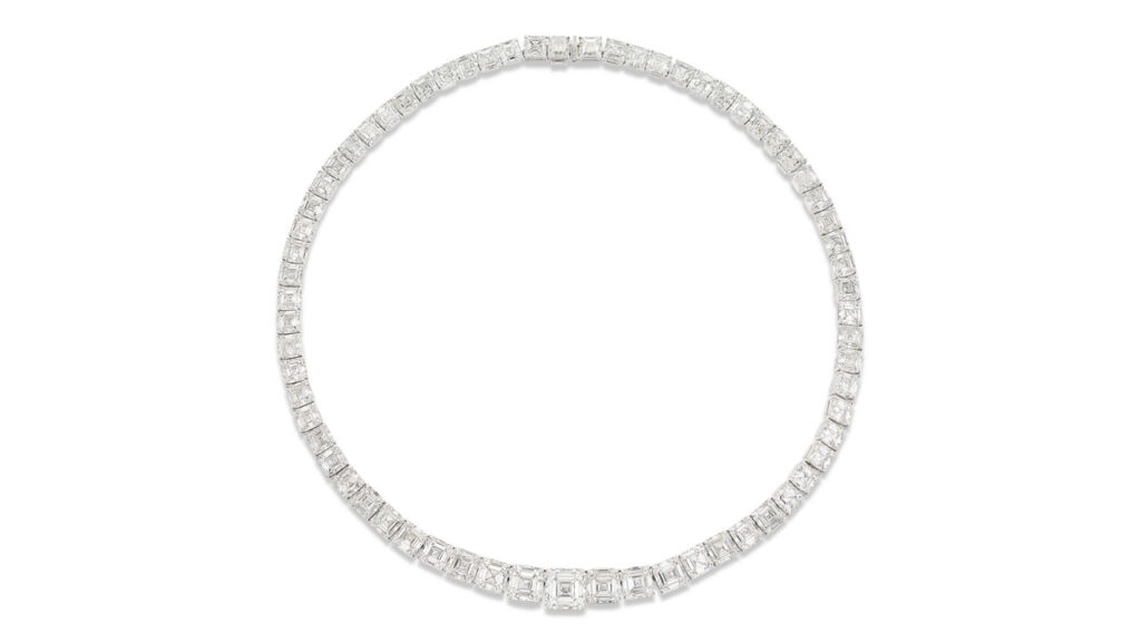 A necklace bearing 67 square emerald-cut diamonds ranging from 1 to 5.14 carats at Christie's image