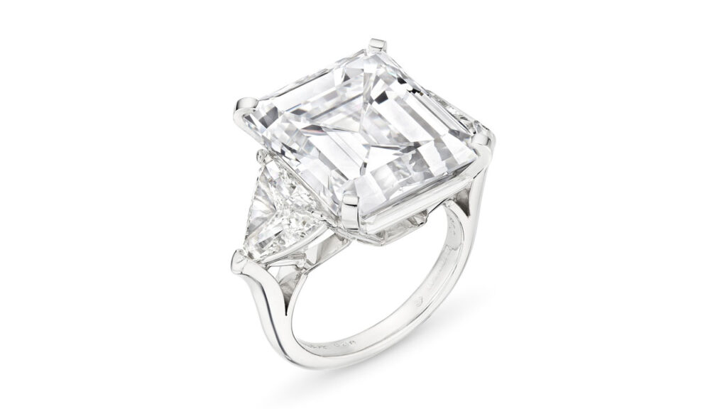 This ring was originally from the collection of Barbara and Frank Sinatra and features an emerald-cut, 20.60-carat, D, VVS1 diamond between triangular-shaped diamonds at Christie's image