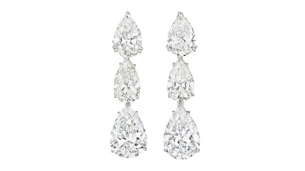 These earrings sport three pear-shaped diamonds each. The two largest are an 11.36-carat, D, VS2 stone and a 9.96-carat, E, VS1 diamond, while the rest range from 5 to 5.13 carats, E to I color, and VS2 to I1 clarity at Christie's image