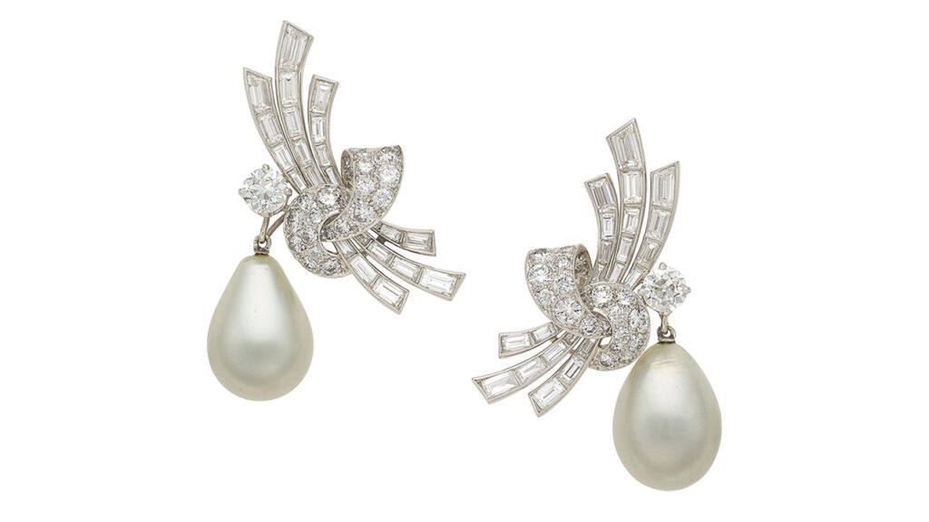 These Van Cleef & Arpels earrings feature natural pearls, 5 carats of baguette and full-cut diamonds, and 1 carat of European-cut diamonds at Heritage Auction image