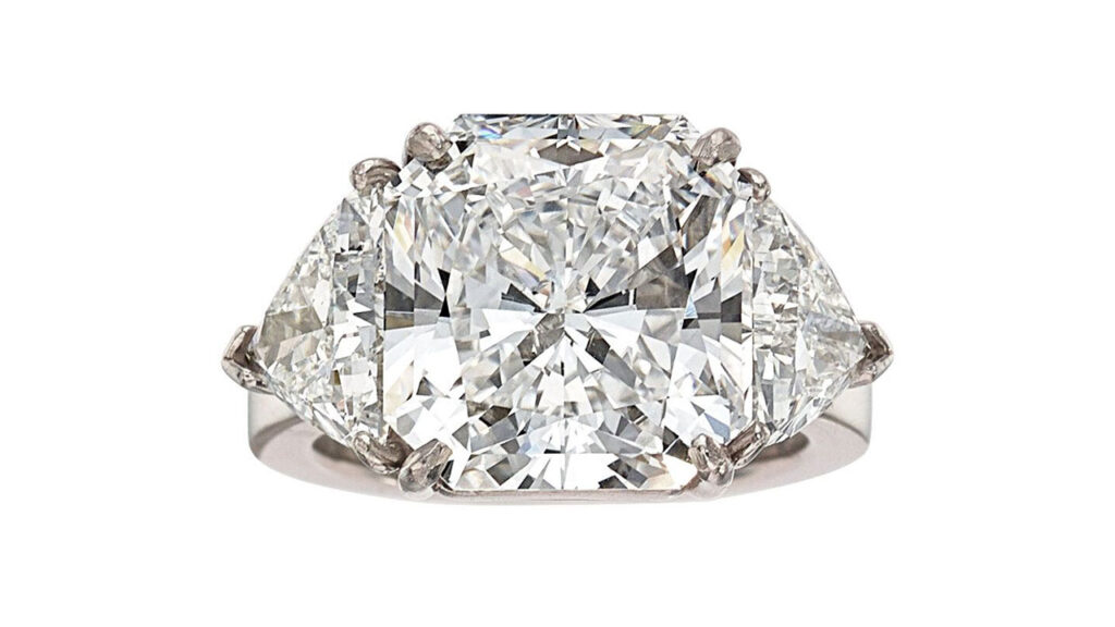 This ring features a cut-cornered square-shaped, 10.89-carat, D-color, VS2 diamond between two triangular diamond shoulders at Heritage Auction image