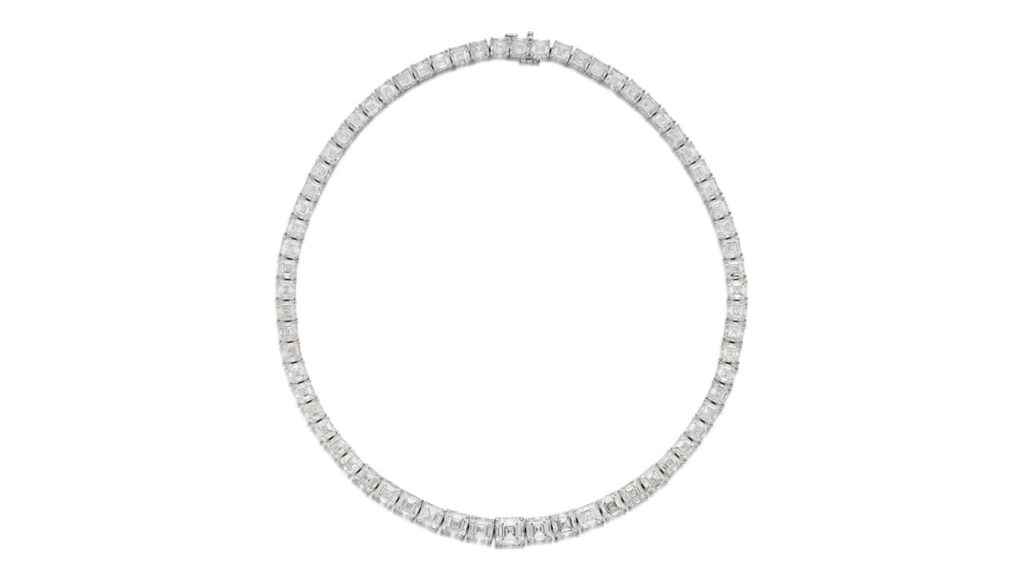 The auction house offered this diamond necklace without reserve. It contains 67 graduated square emerald-cut, H to I, internally flawless to VS2 diamonds ranging from 1.01 to 3 carats — 77.80 carats in total at Sotheby's image