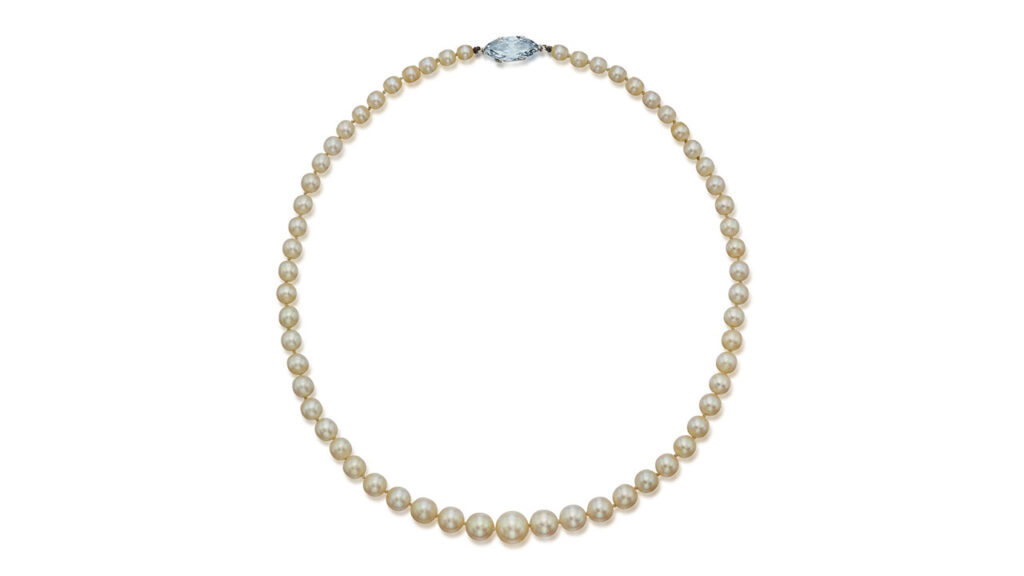 This necklace consists of 59 graduated round to near-round pearls, with a marquise-shaped, 3.78-carat, fancy-blue, VS1 diamond on the clasp at Sotheby's image
