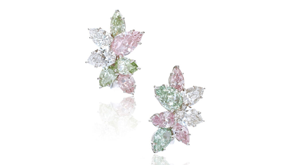 these ear clips feature 14 pear-shaped diamonds ranging from 0.26 to 1.02 carats, including four D- to F-color stones and five each on the fancy-pink and fancy-green color scales at Sotheby's image