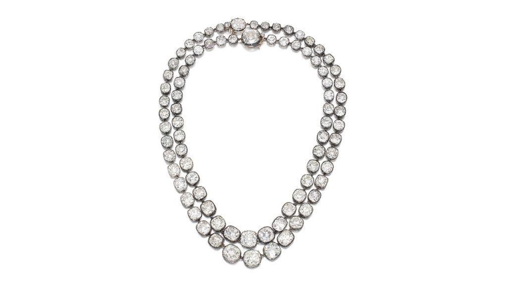 Two necklaces, each with a line of graduating old mine-cut diamonds at Sotheby's image
