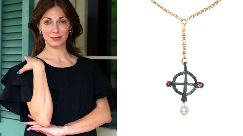 Jeweler Rebecca Rau; Criss-Cross necklace with a bronze amulet with a vivid green patina, circa 1200 to 800 BC, set with pink spinel, rubellite, pink sapphires, and a baroque South Sea pearl by Rebecca Rau